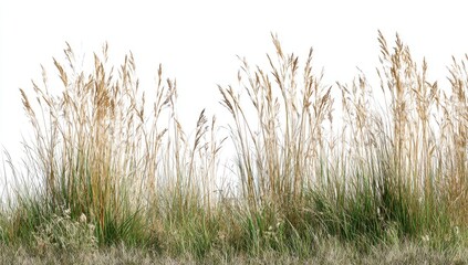 Blades of dry, wispy, tan grass against a backdrop of crisp, white sky