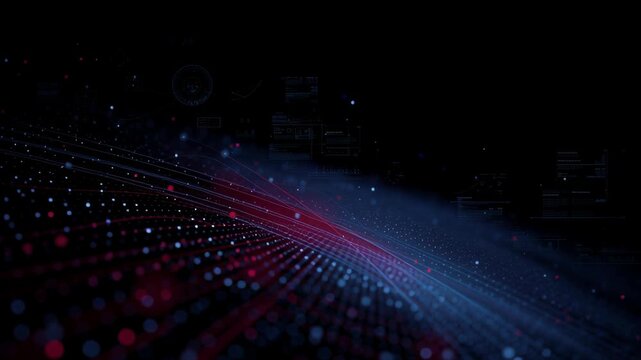 Neural network big data flow visualization binary code matrix machine learning abstract background quantum computing cyber glowing data stream scene with flowing dots lines and matrix patterns