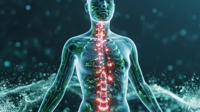 Digital rendering of human body showing glowing spine and internal systems for medical concept