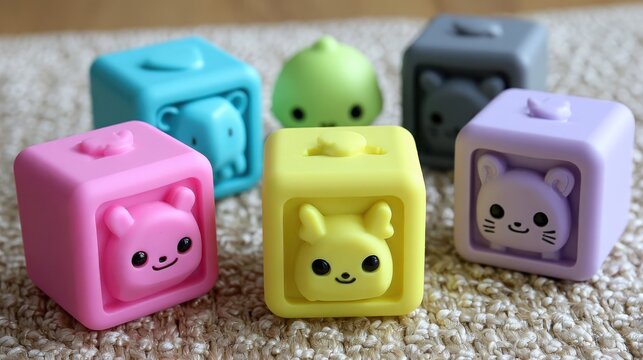 Adorable pastel colored baby sorting blocks with cute animal faces in focus