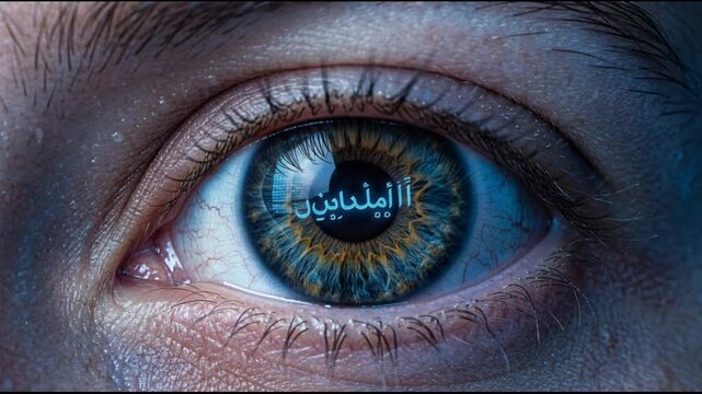 Close-up of a Human Eye Reflecting a Digital Shield with Arabic Text 'Aman' Symbolizing Security and Data Protection in Technology