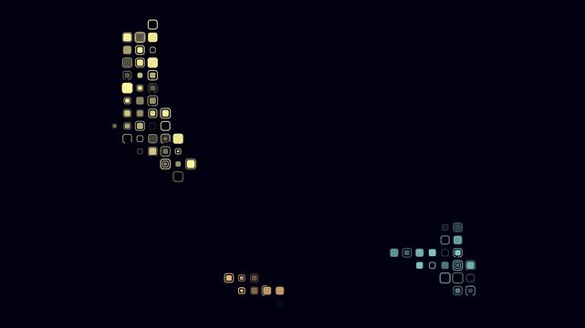 Comoros map animation. Shape of the country with pulsating colored dots. Large size rounded square blocks. Digital style Comoros map on dark background. Plain video.