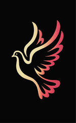 Obraz premium Elegant glowing dove logo in warm gold and pink gradient lines on a black background modern peace symbol icon for branding faith charity wellness technology apps and creative identity design