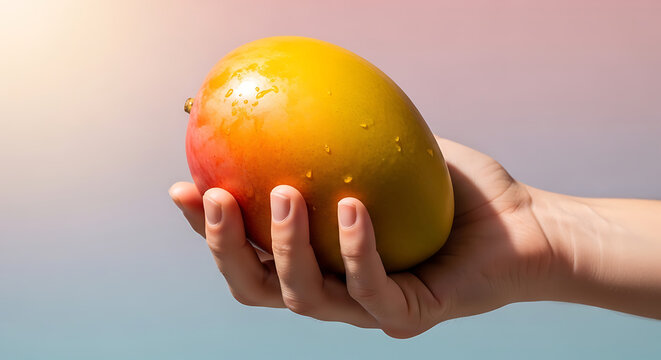 A hand holds a vibrant yellow and red mango against a colorful gradient background with sunlight.