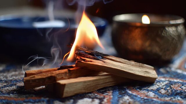 Palo Santo burning with candle in background creates a warm and inviting atmosphere for relaxation and reflection