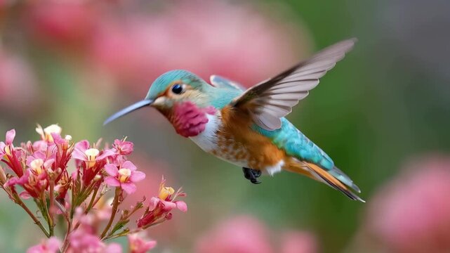 Hummingbird perched on flower drinking nectar in a garden during daylight hours