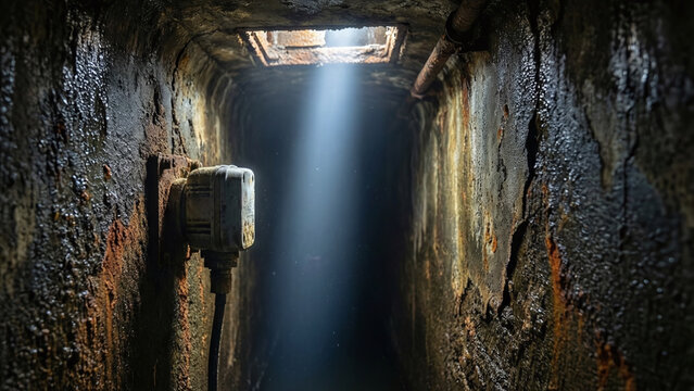 Dark abandoned underground tunnel with rusty walls and a beam of sunlight