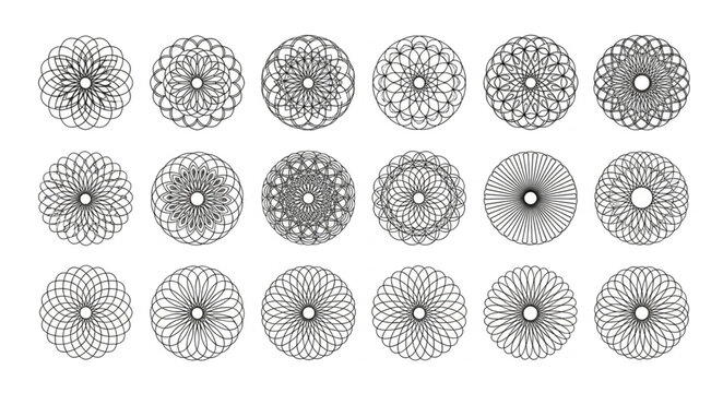 Collection of abstract circular mandala patterns in black and white.