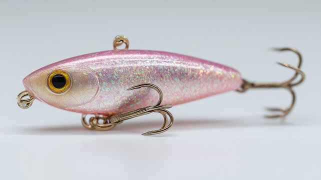 Sparkling pink opal fishing lure designed to attract fish at dawn or dusk during peaceful outdoor adventures Generative AI
