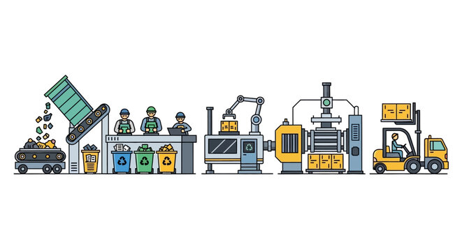 Recycling plant process illustration with machinery and workers.