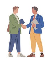 Fototapeta premium Two men shake hands, smiling warmly. One wears a green blazer, beige shoes. The other sports a blue suit, tan trousers. They hold folders, symbolizing agreement. Ideal for business, partnership