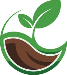 green plant growing in soil surrounded by a circular and natural shape logo
