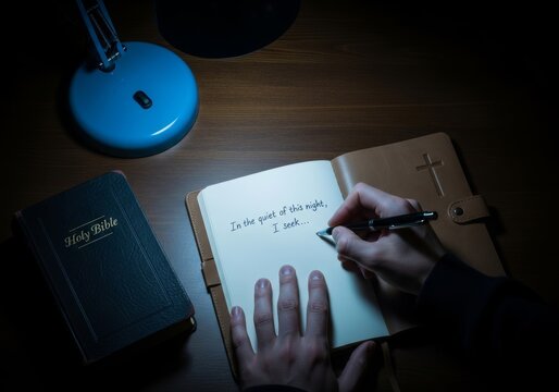 Woman writing in a journal next to a Holy Bible at night. Reflective session of prayer and spiritual journaling. Christian worship scene with lamp light for meditation and devotion.