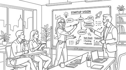 Startup brainstorming session in conference room, five professionals discussing around table, presenters pointing to whiteboard diagram &ldquo;STARTUP IDEAS&rdquo; with categories, laptops, notes, and motivationa