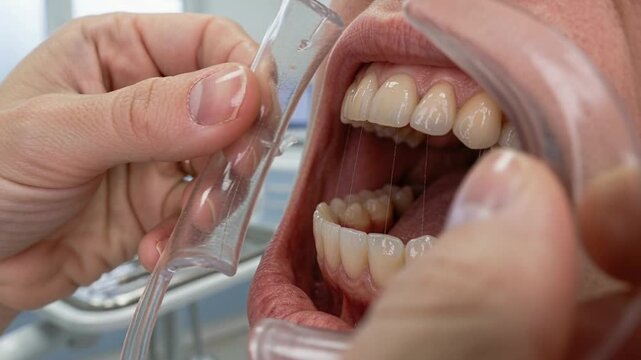 applies treatment to a man teeth using a mouth retractor in a modern dental clinic.