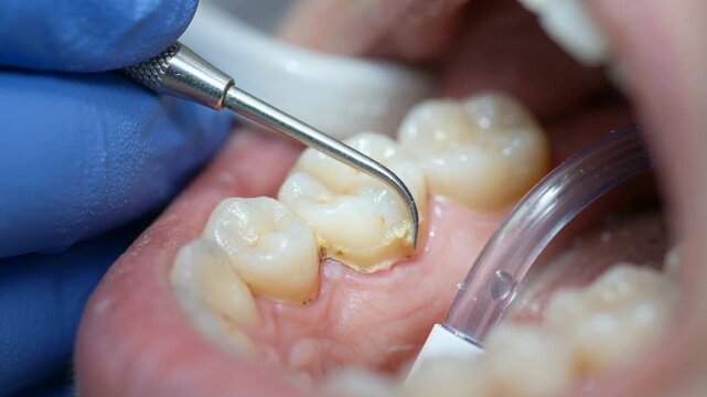 Oral hygiene: Ultrasonic teeth cleaning machine removing calculus and plaque. Medically accurate 3D animation of human teeth treatment
