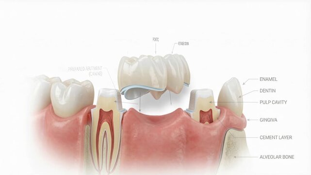 Dental Anatomy Illustration of Bridge Connecting Two Teeth with Gums
