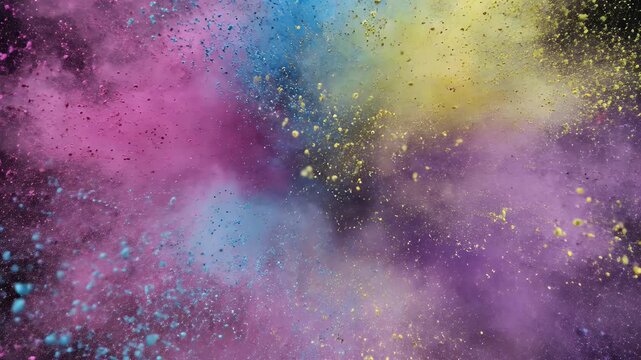 Vibrant pink, blue, and yellow powders explode against a dark background
