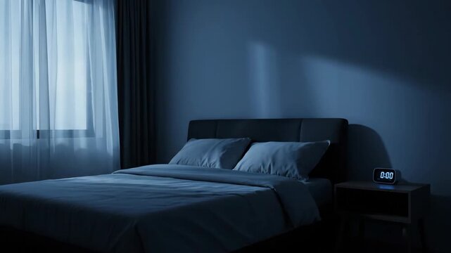 Cozy dark bedroom with blue tones and modern alarm clock