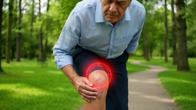 Elderly Man Experiencing Knee Pain While Walking in a Green Park