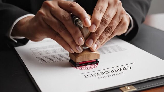 Business document approval using certified validation official stamp and compliance checklist for corporate contract review ensuring secure process quality assurance verified agreement paper.