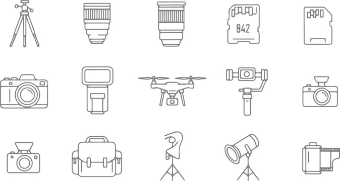 Photography and videography equipment line icons set: camera, drone, tripod, lens, flash, sd card, gimbal, sd card, action camera, camera bag, line art, outline icon