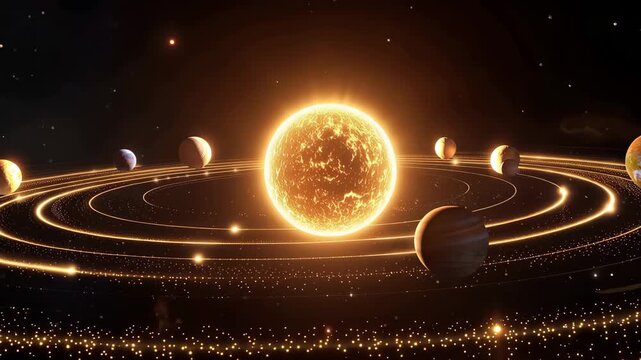 Watch the solar system dynamics with glowing planets orbiting around a bright sun in this captivating animation