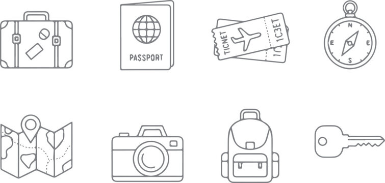 Travel icons: suitcase, passport, tickets, compass, map, camera, backpack, key - line art, boarding pass, air travel, flat design
