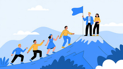 Business team climbing a mountain to reach a flag, symbolizing leadership, success, teamwork, and career growth. Flat vector illustration for business goals and achievement.