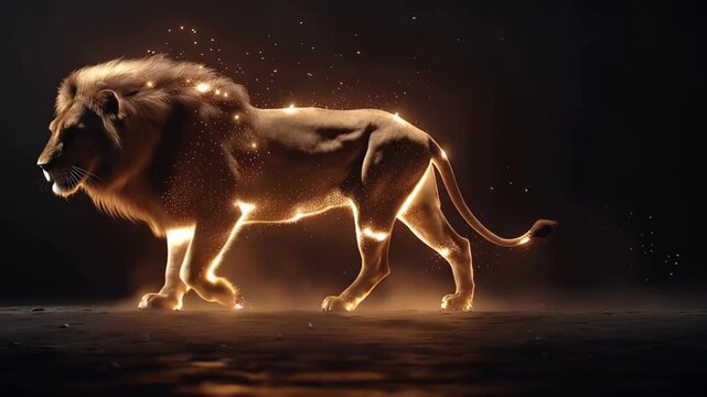 Fire lion walks slowly on a dark background in a dramatic visual display of movement and energy