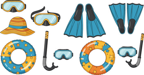 Hand drawn summer beach vacation set with snorkeling masks and tubes blue and orange star pattern inflatable rings flippers and sun hat vector illustration for tropical holiday. © MstRozinaAkter