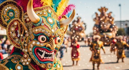 Fototapeta premium Man wearing traditional ornate mask and costume during street carnival parade. Elaborate celebration with festive atmosphere. Cultural dance and performance event for holiday festival.