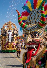 Obraz premium Dancer wearing traditional devil mask at Bolivian carnival parade. Performer in colorful costume with feathers and mirrors celebrating folklore culture. Festive street party celebration.