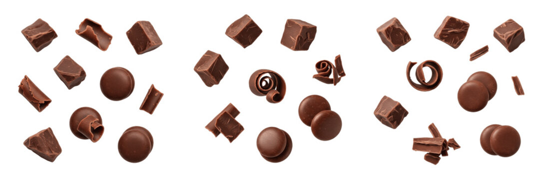 : Dark chocolate pieces, chunks, and shavings isolated on white background.