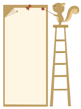 脚立に立って掲示板を指さすリスのイラスト