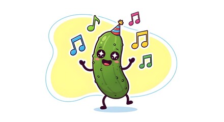 Obraz premium Cute cartoon pickle dancing with musical notes around it, bright cheerful colors, sticker-style illustration