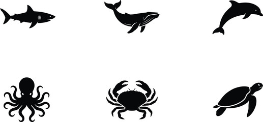 Fototapeta premium Marine Life Icon Set Shark Whale Dolphin Octopus Crab and Turtle