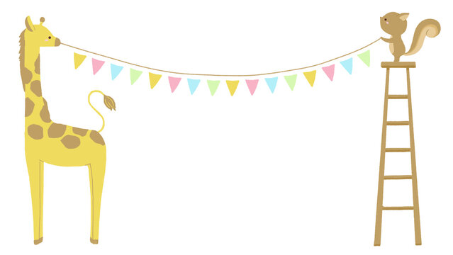 旗の準備をするキリンとリスのイラスト