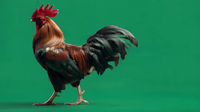 Rooster stands on green screen background isolated for use in various projects and designs