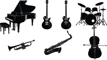 Musical instrument silhouettes, piano, electric guitar, cello, saxophone, trumpet, drum set, orchestra, jazz, classical, band, performance, music collection © Habiba