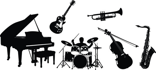 Musical instrument silhouettes, piano, electric guitar, cello, saxophone, trumpet, drum set, musician, orchestra, jazz, classical, band, performance, music collection © Habiba