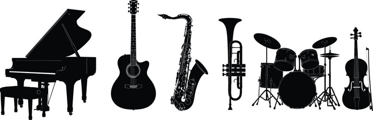Musical instrument silhouettes, piano, acoustic guitar, double bass, saxophone, trumpet, drum set, orchestra, jazz, classical, band, performance, music collection © Habiba