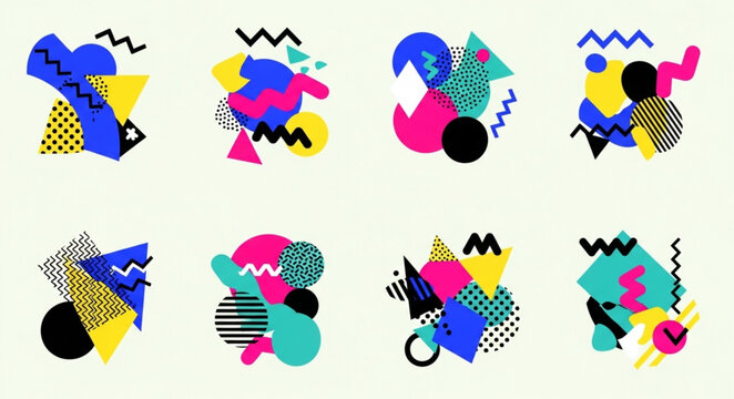 Abstract Geometric Shapes Composition Set Memphis Style.