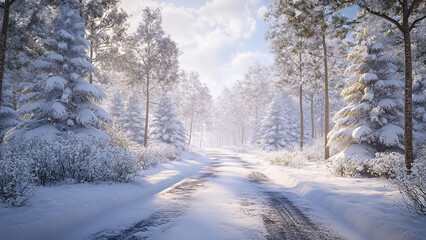 Obraz premium road in the middle of snow fir forest trees background, winter
