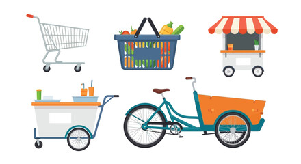 Various shopping vehicles and food stands in a colorful flat illustration © Vactor media 