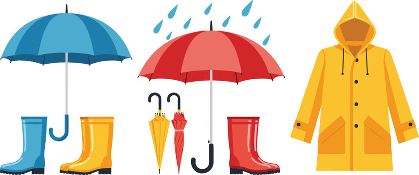 Rainy day weather set with colorful umbrellas rubber boots and yellow raincoat vector illustration for autumn season outdoor activity equipment and protection gear concepts for design.