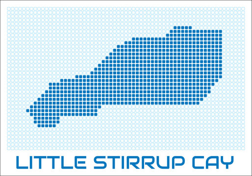 Little Stirrup Cay digital style map with blue rounded rectangle dots. Bahamas. Dotted shape of the island. Little Stirrup Cay blue colored map and title on white background.