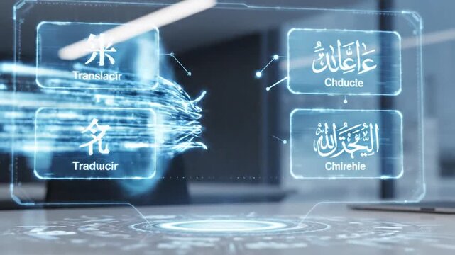 Advanced Artificial Intelligence Translation Interface Displaying Multilingual Communication Symbols and Global Language Nodes for Digital Innovation and Universal Connectivity Concept