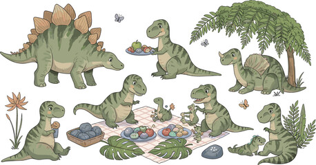 Cute cartoon dinosaurs having a picnic with fruit and snacks in a prehistoric forest featuring stegosaurus and t-rex family vector illustration for kids party invitations and nursery decor. © MstRozinaAkter