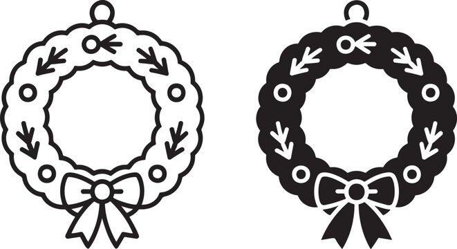Christmas wreath silhouette & outline set isolated on transparent background